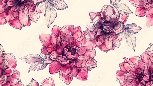Dalhia Seamless Vector Pattern - Ink Drawing with Watercolor Texture