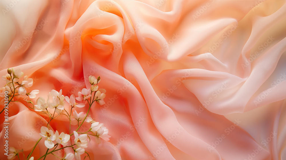 Delicate flowers on peach satin fabric background, card, invitation. Romantic design. Copy space Delicate flowers on peach satin fabric background, card, invitation. Romantic design. Copy space