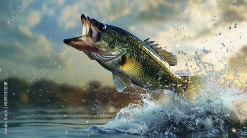 A largemouth bass jumping out of the water with a blue and white sky in the background. AIG51A.