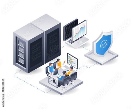 Developer team analyzing cloud server security data, isometric flat 3d illustration infographic