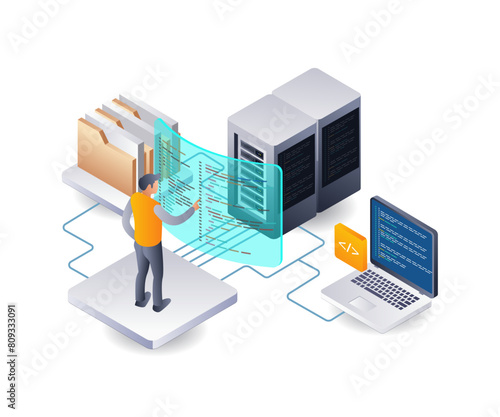 Developer cloud data server hosting technology infographic illustration 3d flat isometric