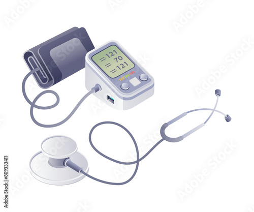 Doctor tools and blood pressure technology infographic 3d illustration flat isometric
