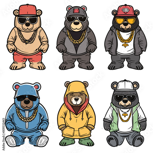 Six cartoon bears dressed hiphop style sunglasses gold chains. Cartoons bears wearing hoodies, caps, sports footwear. Hip hop fashion posing cool street style