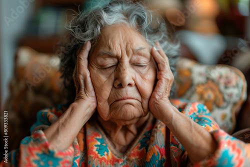 Health Alert: Latin Elderly Woman with Diabetes Struggling with Dizziness and Headache During a Hypoglycemia Episode at Home photo