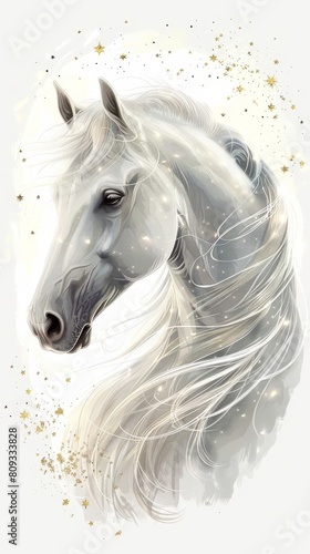 Cute white horse with long mane in profile view, hanging stars in the sky.