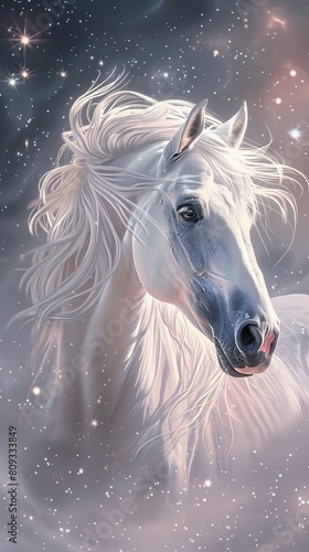 Cute white horse with long mane in profile view, hanging stars in the sky. © imlane