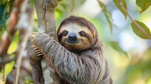 Cute sloth hanging on tree branch with funny face look. Generative Ai