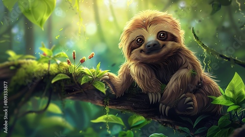 cute sloth sitting on ground. Generative Ai photo