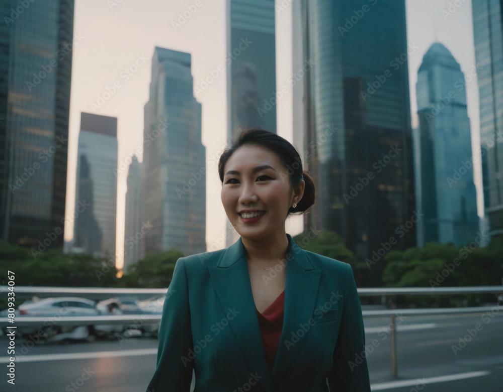 portrait of a successful rich asian businesswoman in front of skyscrapers 