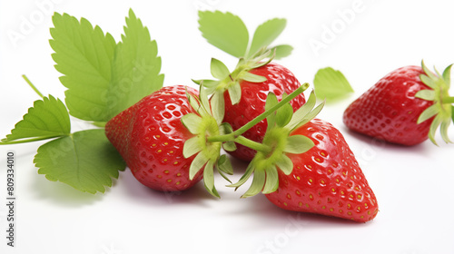 Fresh Strawberries with Green Leaves on White Background