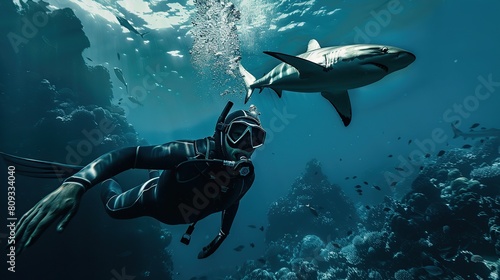 diving sport shark flashing his metallic stripes. Generative Ai photo