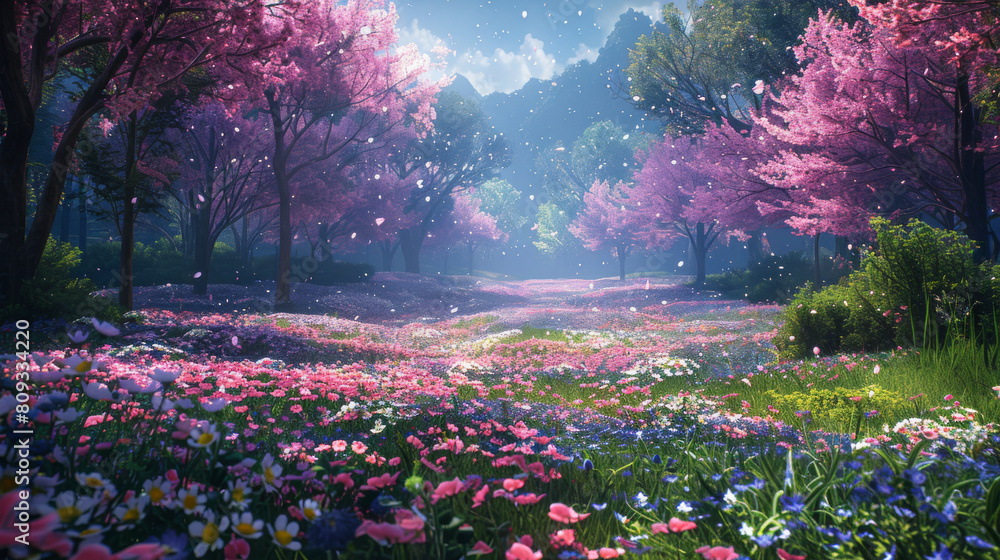 Obraz premium A beautiful, colorful field of flowers with a snowy sky in the background