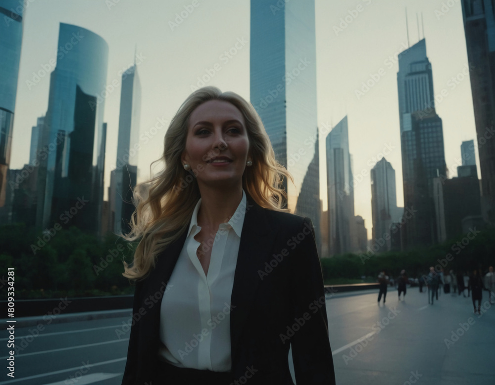 portrait of a successful rich white businesswoman in front of skyscrapers portrait of a successful rich white businesswoman in front of skyscrapers