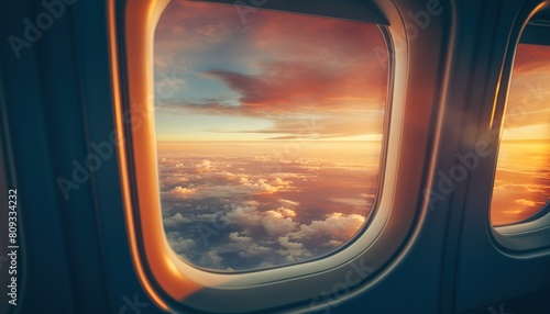 Airplane window. Mountain and clouds view travel trip vacation flight sunset