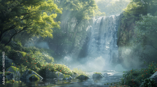 A beautiful waterfall surrounded by trees and flowers