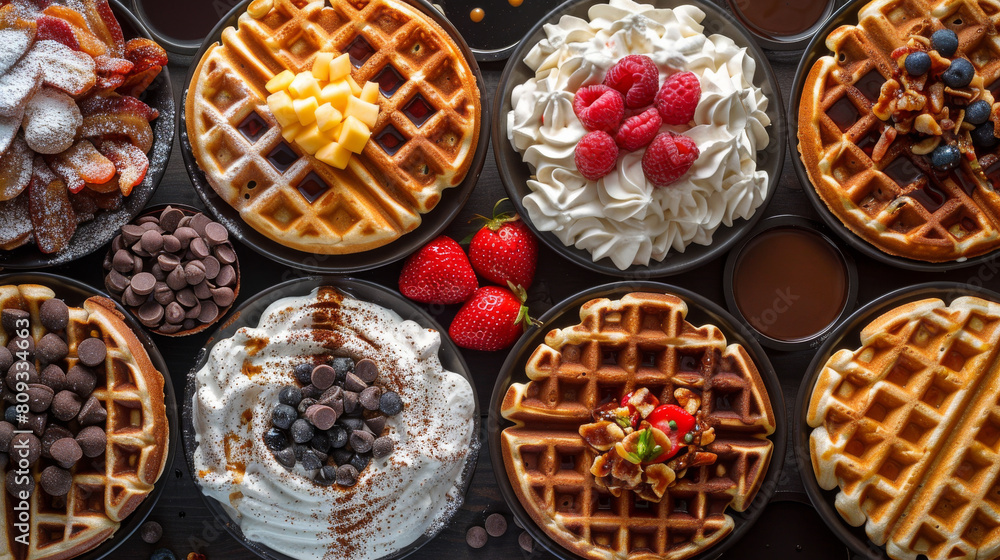 A variety of waffles with different toppings, including chocolate, strawberries A variety of waffles with different toppings, including chocolate, strawberries