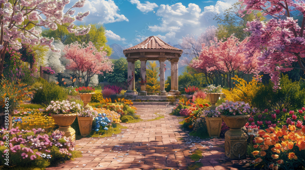 A beautiful garden with a gazebo and a path