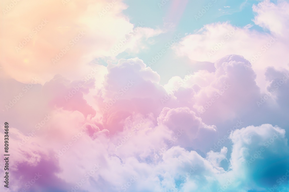Ethereal view of fluffy cumulus clouds bathed in pastel sunset hues, with radiant light creating a dream-like ambiance in the tranquil sky