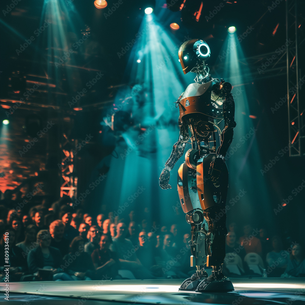 a cinematic lighting and a humanoid robot standing on the stage