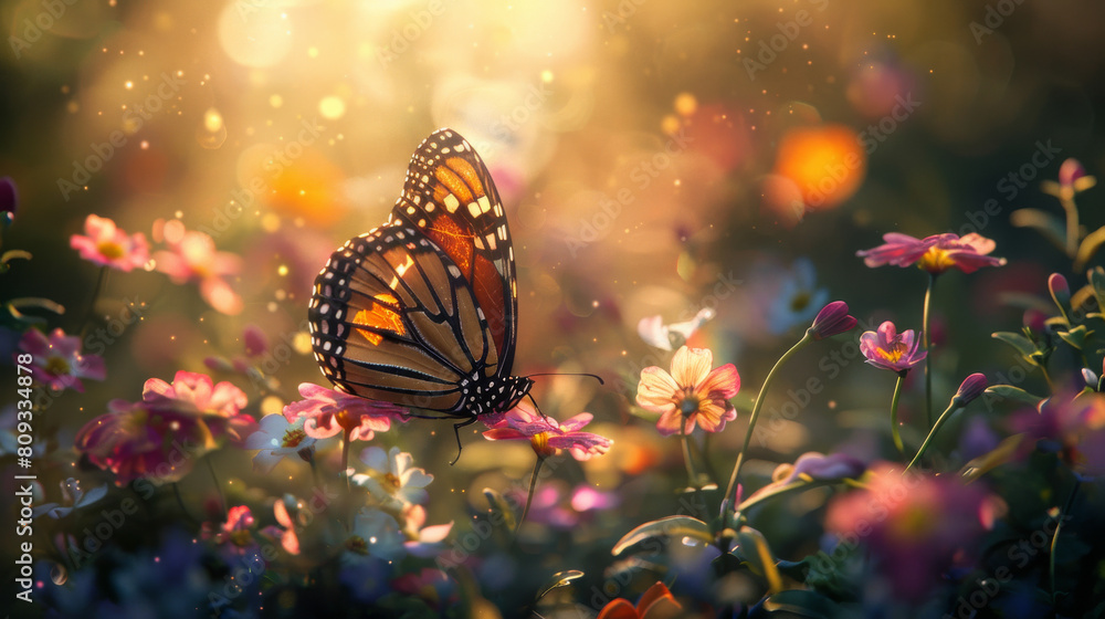 A butterfly is flying over a field of flowers A butterfly is flying over a field of flowers