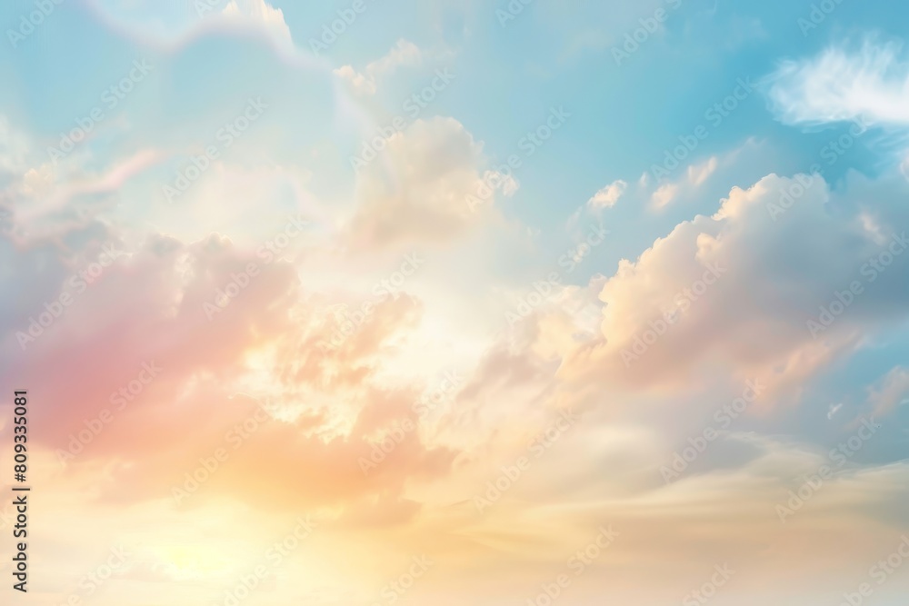 Tranquil sky showcases a blend of soft pastel hues among fluffy clouds, captured during a peaceful sunset that inspires calmness and contemplation