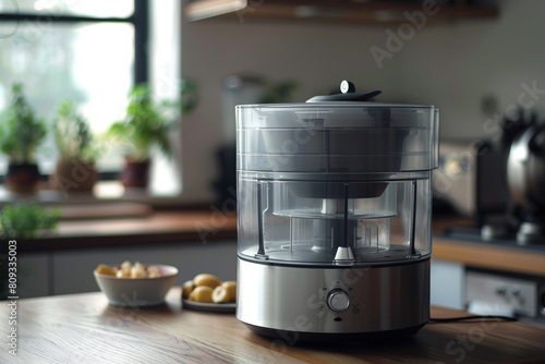 A compact food processor with a transparent bowl, allowing visibility while processing.