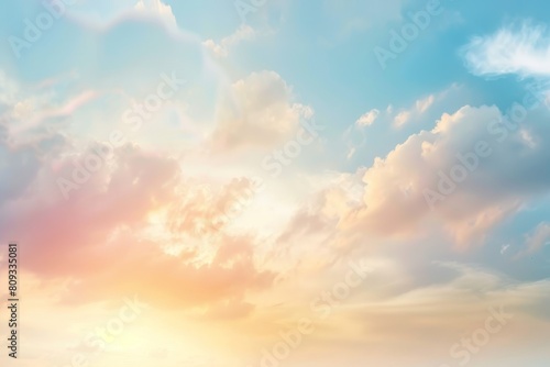 Tranquil sky showcases a blend of soft pastel hues among fluffy clouds, captured during a peaceful sunset that inspires calmness and contemplation © Enigma