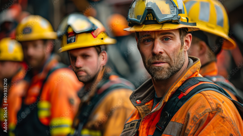 Focused portrait of a firefighter with reflective safety gear and helmet, prepared for emergency response. Focused portrait of a firefighter with reflective safety gear and helmet, prepared for emergency response.