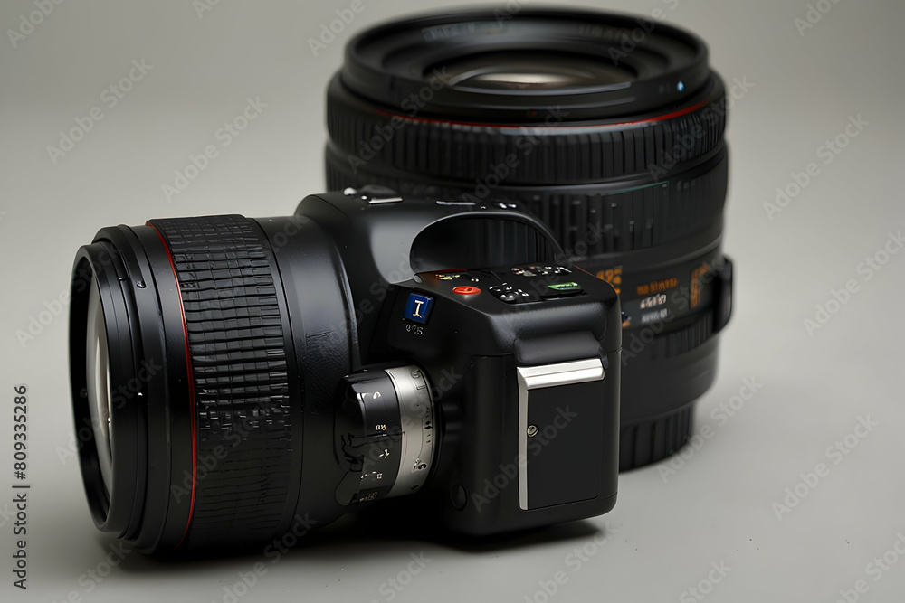 Fototapeta premium A professional DSLR camera with interchangeable lenses, captured against a white background, emphasizing its versatility, HD, Hyper resolution 