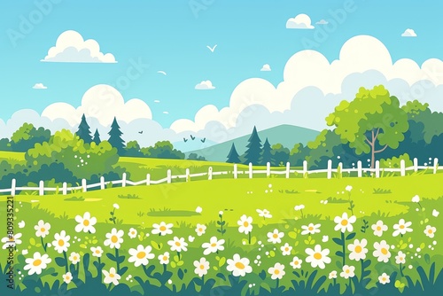 beautiful green meadow with trees and flowers, blue sky, forest in the background, grassy field