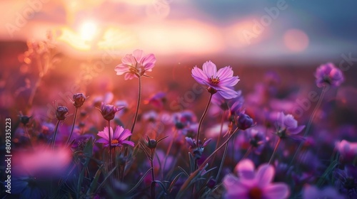 Close-up of purple flowers growing on field during sunset