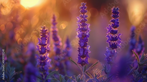 Close-up of purple flowers growing on field during sunset