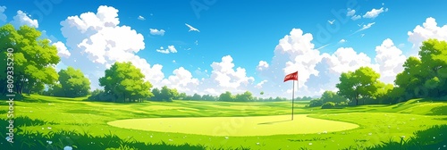 Golf course with a green, trees and a flag on the hole. 