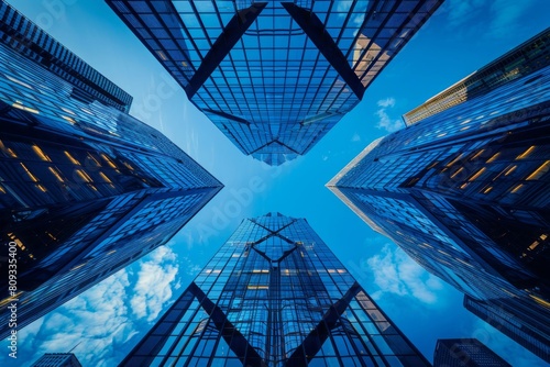 Modern Skyscrapers Against Blue Sky: High-Resolution Cinematic Architectural Photography