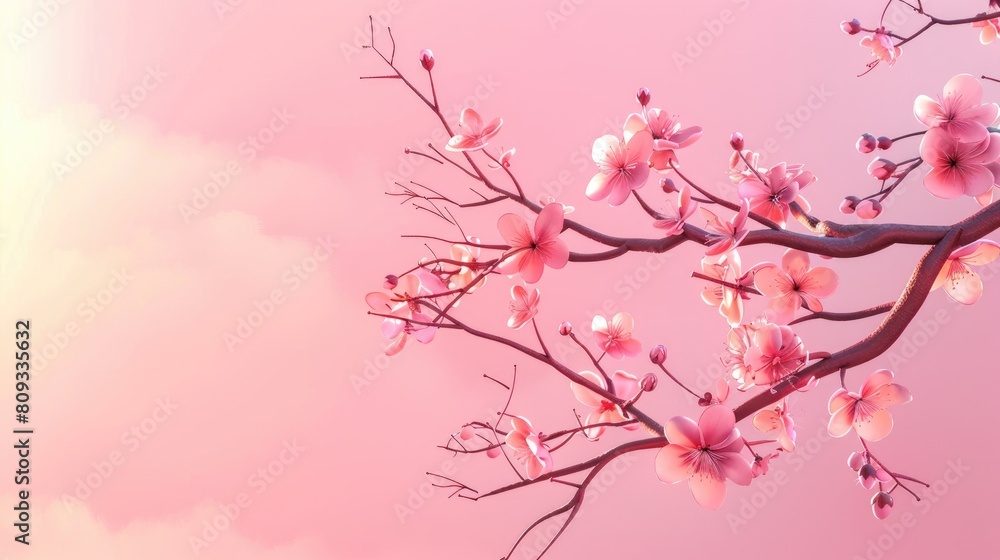 Pink Cherry Blossom Branch in Spring with Sunlight on Pink Background