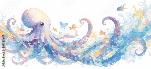 Watercolor Octopus tattoo design, colorful ink style, white background photo