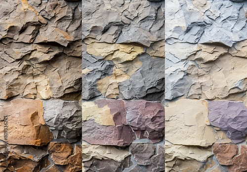 This collage showcases nine different stone wall textures, portraying a variety of colors and patterns suitable for backgrounds and design elements in architecture and landscaping projects
