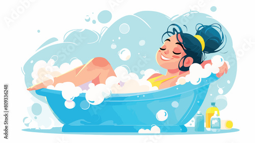 Smiling woman lying in bathtub full of soap foam. H