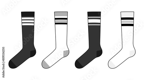 Skater socks set with crew length set. Fashion hosiery accessory clothing technical illustration stocking. Vector front, side view for Men, women, unisex style, flat template CAD mockup sketch outline
