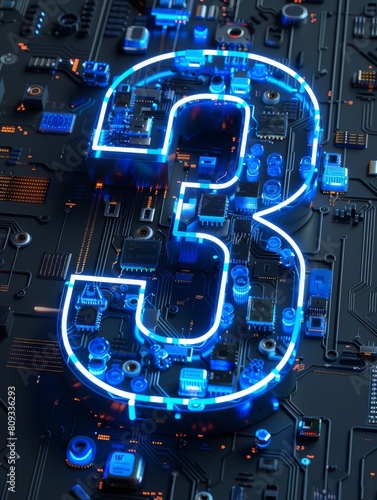 The number "3" is glowing blue neon light, Sense of technology.