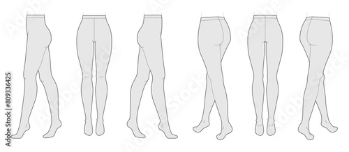Set of Tights Pantyhose on legs, normal waist length. Fashion accessory clothing technical illustration stocking. Vector front, side, back, 3-4 view for Men women flat template. Vector illustration
