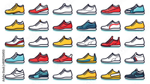 Sneakers shoes outline line stroke icons set. 2d fl