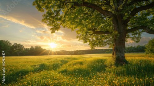 Beautiful sunrise shining through a majestic tree in a vibrant green field dotted with yellow flowers.