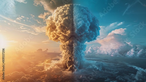 A mushroom cloud divided vertically half white and half blue, photo