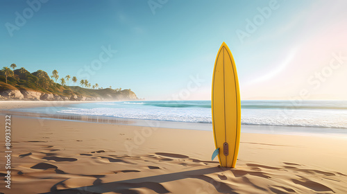 Yellow surfboard on the beach