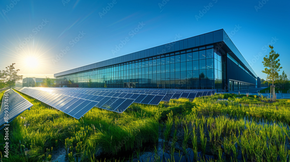 Obraz premium Sunrise view of a modern office building with solar panels and green landscaping, emphasizing sustainable architecture.