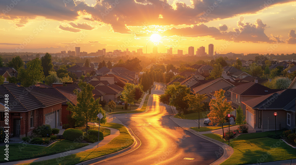 A scenic sunset casting golden hues over a quiet suburban neighborhood, showcasing serene residential life. A scenic sunset casting golden hues over a quiet suburban neighborhood, showcasing serene residential life.