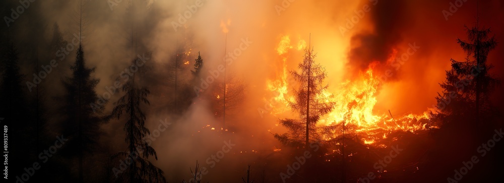  wildfire causes forest burning rapidly and destroyed, silhouette, natural calamity, danger ecology