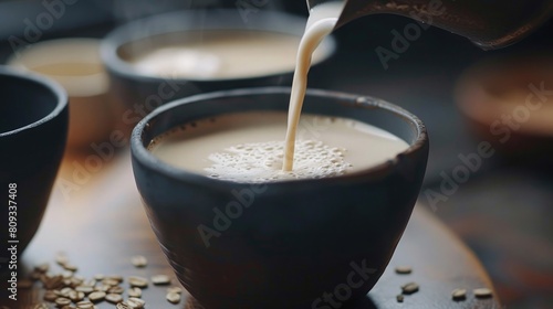 Close-up of pouring oat milk into black coffee cup. Making coffee at home