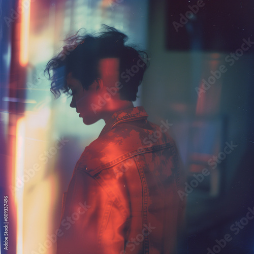 Modernly styled model in a nostalgic, analog-like fashion lifestyle photo with a deliberate motion blur effect